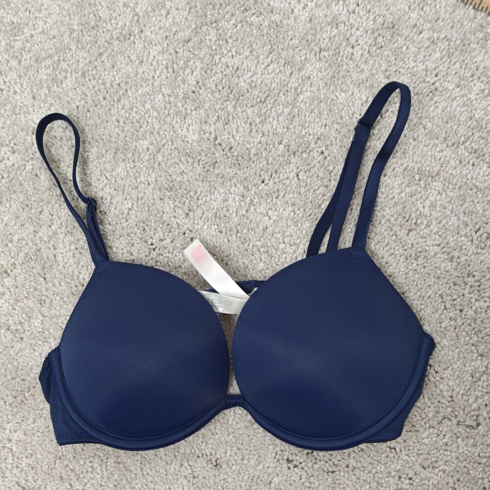 Victoria Secret Pink Women's Navy Blue Wear Everywhere Super Push Up Bra 32c